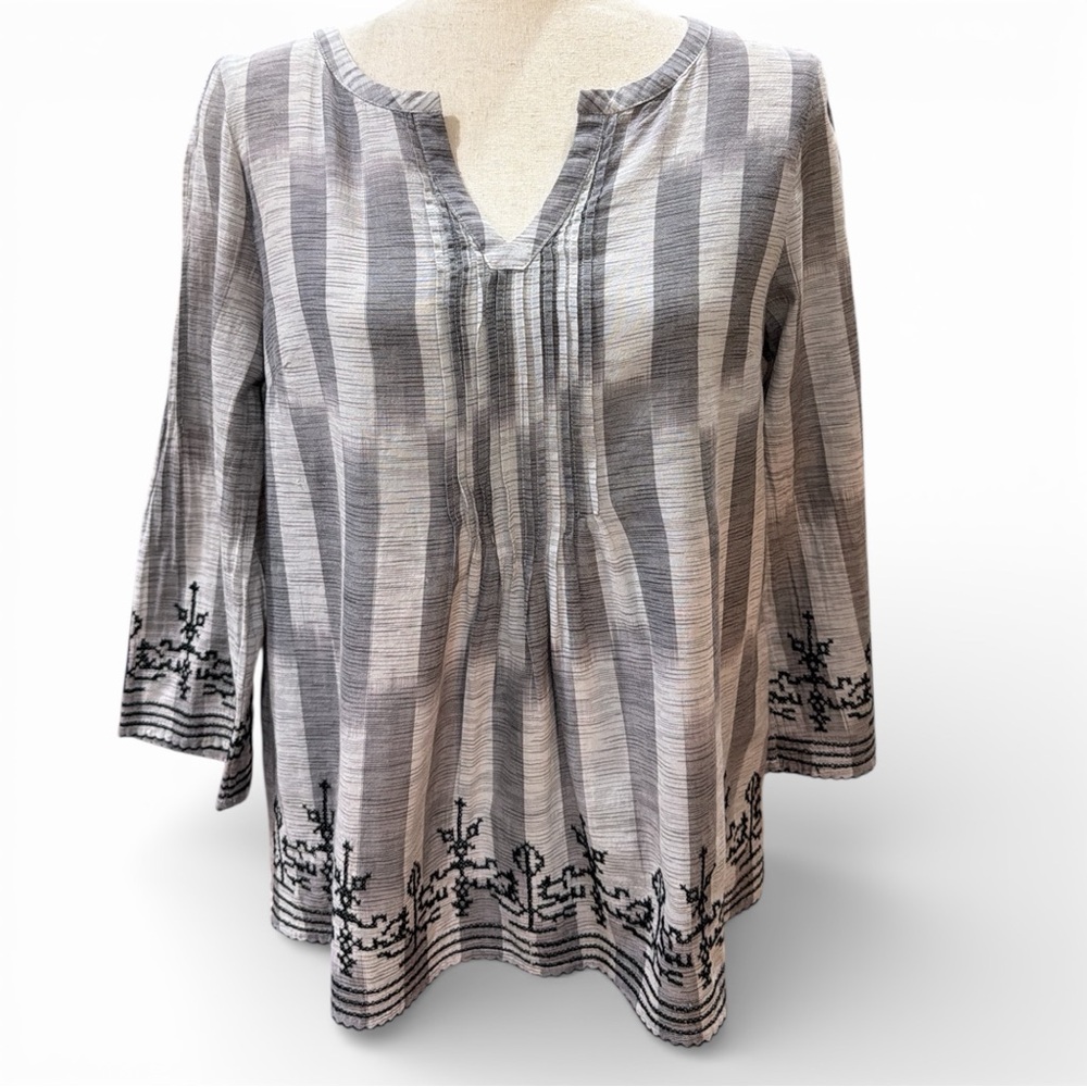 LUCKY BRAND Boho Cotton Gray Tunic with Black Embroidery Detail Size S